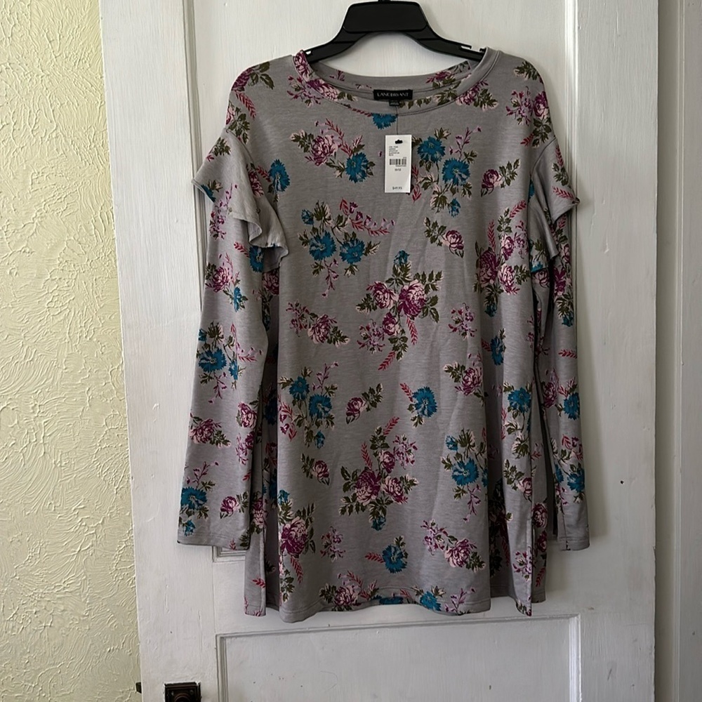 NWT Lane Bryant Grey Floral Long Sleeve Crewneck Tunic Blouse Top